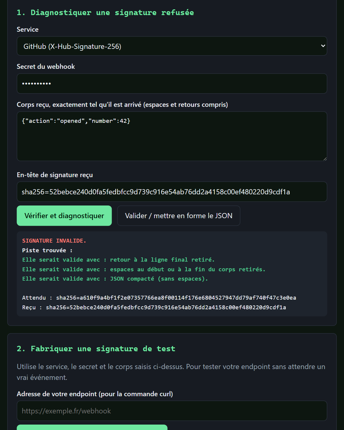 Capture de HookCheck : signature d'un webhook GitHub vérifiée